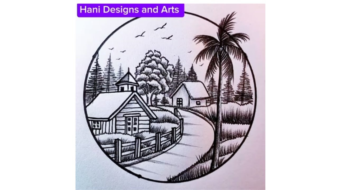 Drawing beautiful forest village houses | How to draw forest village house by pencil