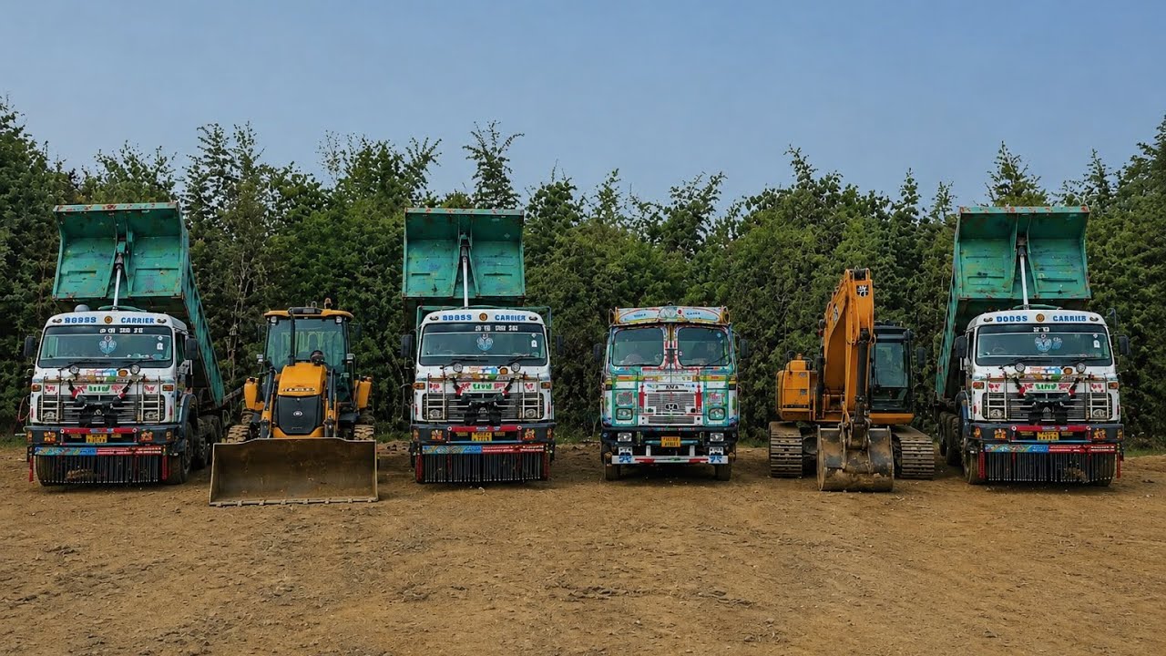 JCB 3dx Backhoe Machine Loading Mud In Tractor & Trucks | Mahindra Mini Tractor & 3 TATA Dump Truck 