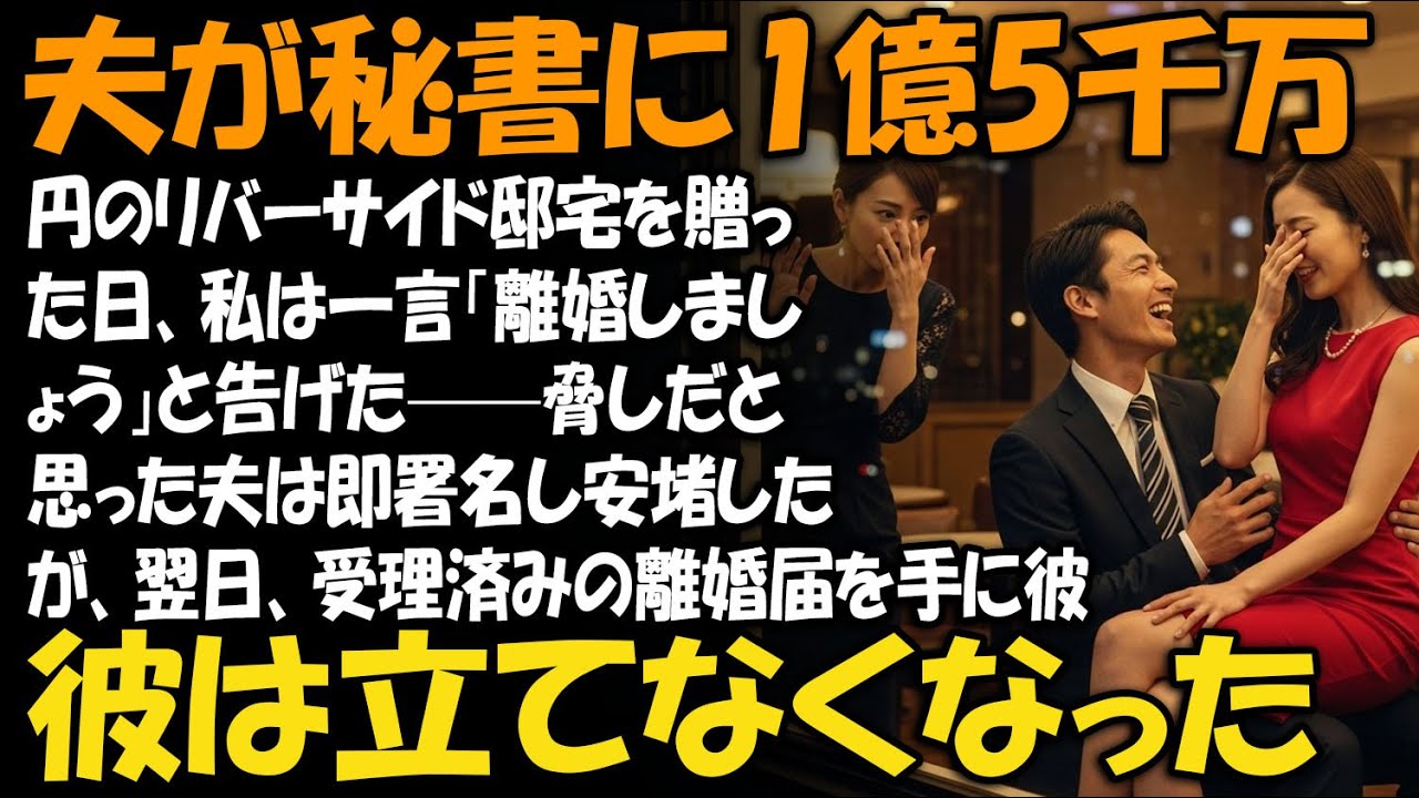 夫が秘書に1億5千万円のリバーサイド邸宅を贈った日、私は一言「離婚しましょう」と告げた——脅しだと思った夫は即署名し安堵したが、翌日、受理済みの離婚届を手に彼は立てなくなった【家族ドラマ】【静かな復讐