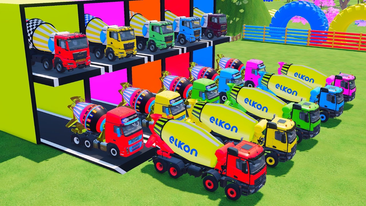 Garage with Colors - ALL MIXER TRUCK WITH DOUBLE FLATBED TRAILER TRUCK, MERCEDES, SCANIA, HINO #5