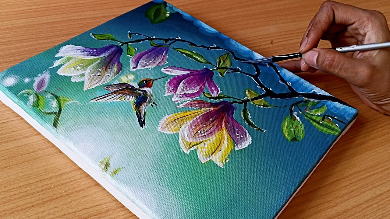 Painting a Beautiful Flowers with a little Bird/Magnolia flower Painting with acrylic