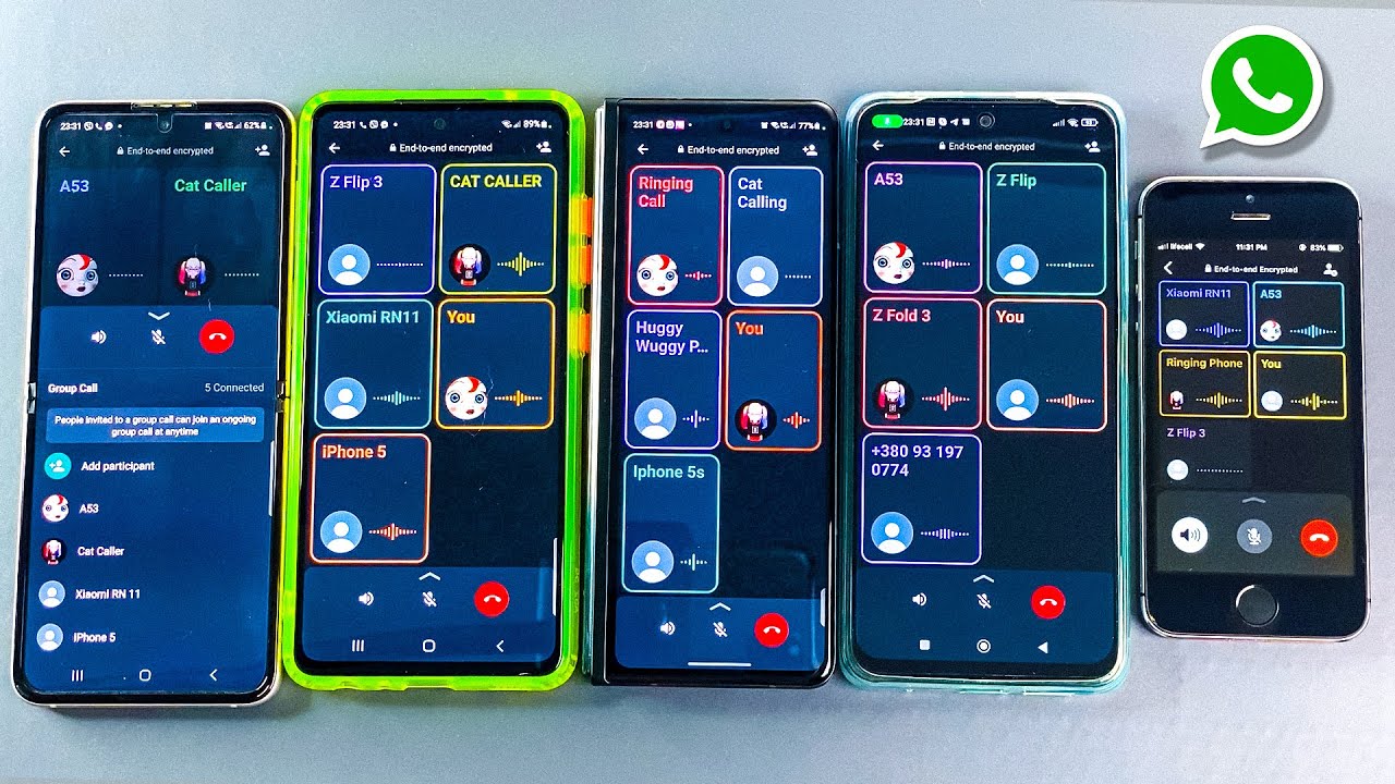 Whatsapp group call to 5 phones iPhone + Xiaomi Redmi + Z Fold + Z Flip + A52s Incoming call