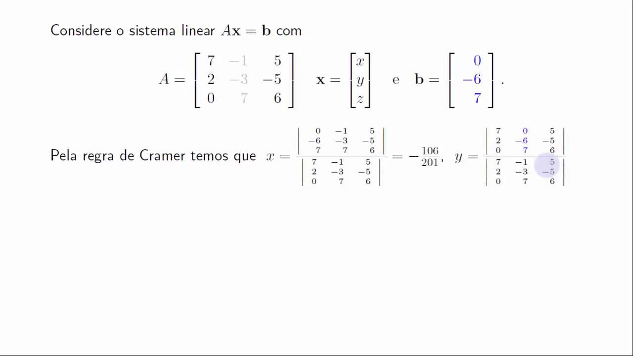 Resolução de sistema pela Regra de Cramer