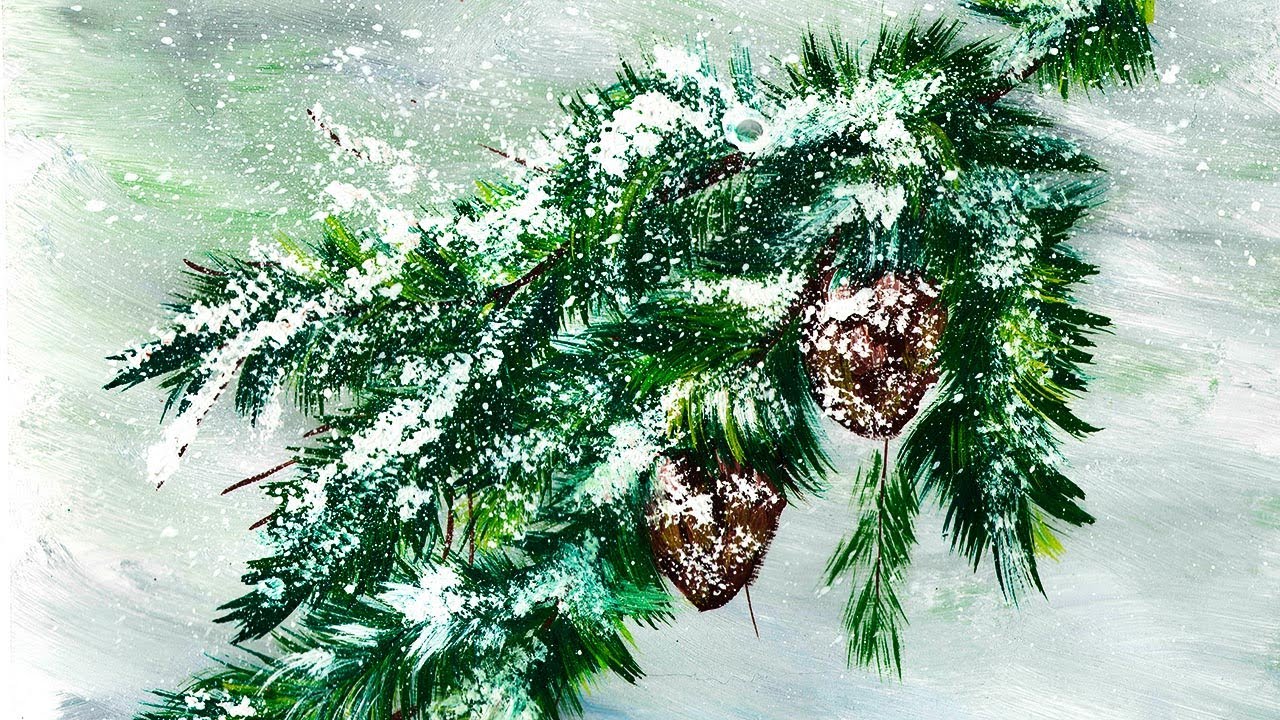Как нарисовать шишки на ветке. Рисуем еловую ветку. Рисуем шишки гуашью. Рисуем зимний пейзаж.