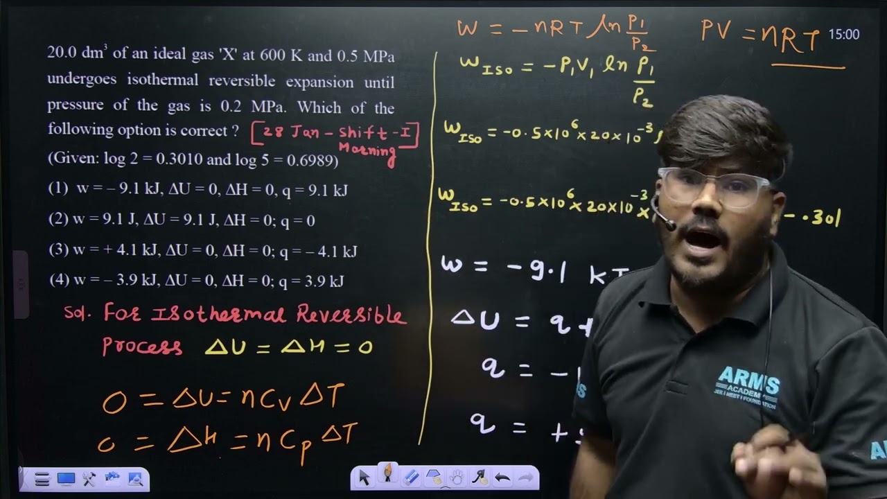 20.0dm3 of an ideal gas ' X ' at 600 K and 0.5 MPa undergoes isothermal reversible expansion until