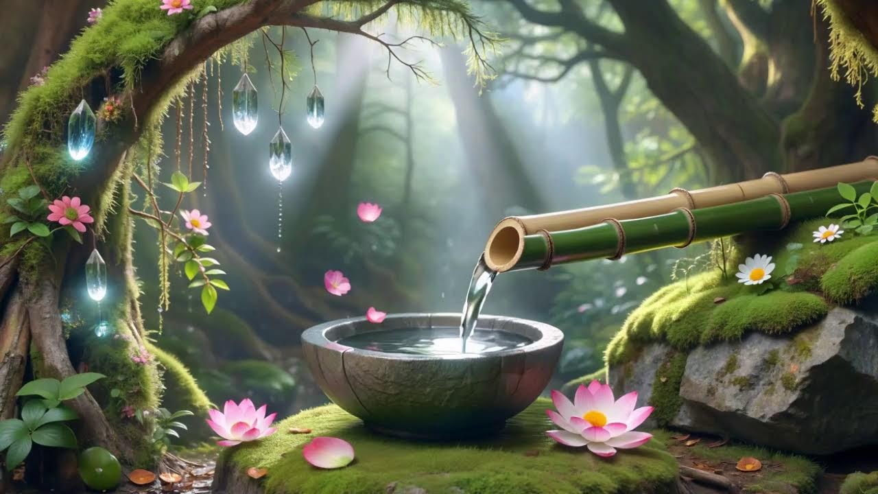 Bamboo Water Flow & Piano Music for Stress Relief, Sleep and Spa