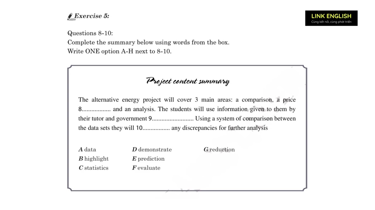 IELTS | Listening | Section 3 | Summary completion | Practice: Exercise 5 - Project content
