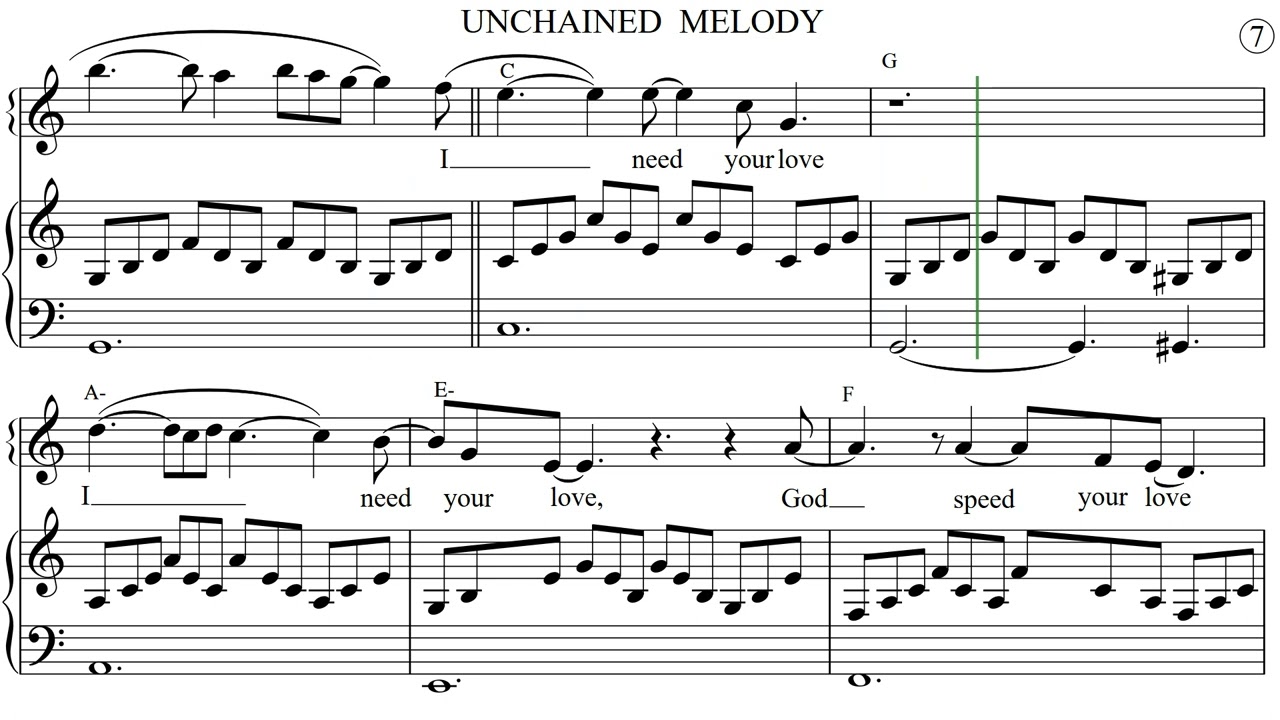 UNCHAINED  MELODY Piano Sheet Music / Look Ahead, Read Ahead/ Play & Sing Along/Lyrics/Chords