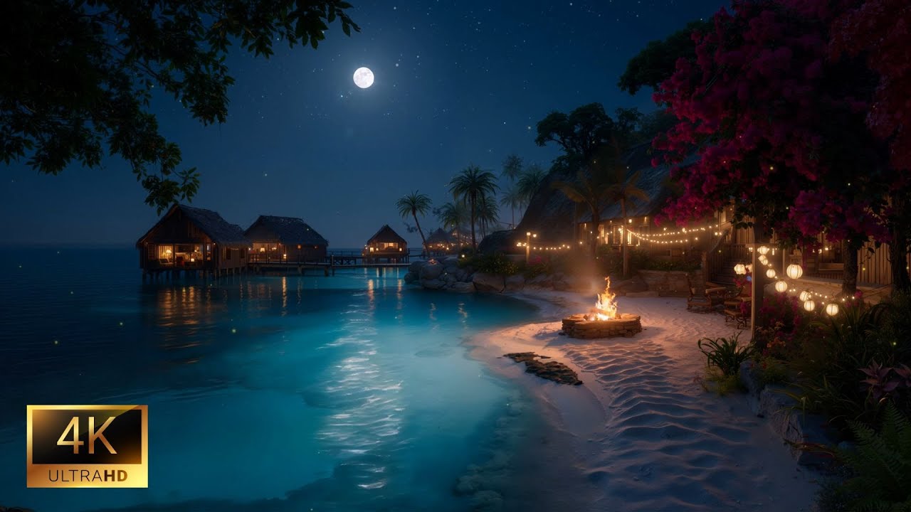 Calming Ocean Sounds & Fireplace (No Ads) • Tropical Night Ambience for Relaxation