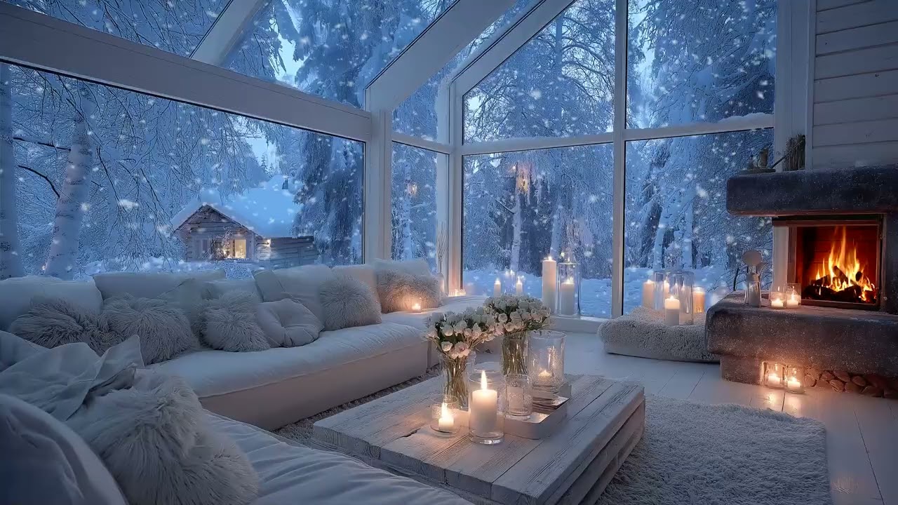 🕯️🎹 Romantic Snowy Piano Ambience | Cozy White Lounge with Warm Fire | 5 Hours Stress Relief Calm
