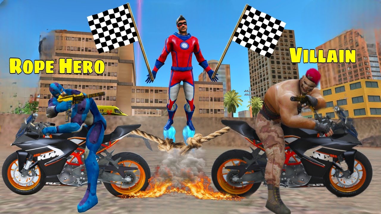 Rope Hero Ktm Bike Vs Dangerous Villain Ktm Bike Race in Gta V | Rope Hero Vice Town | Gta V Game