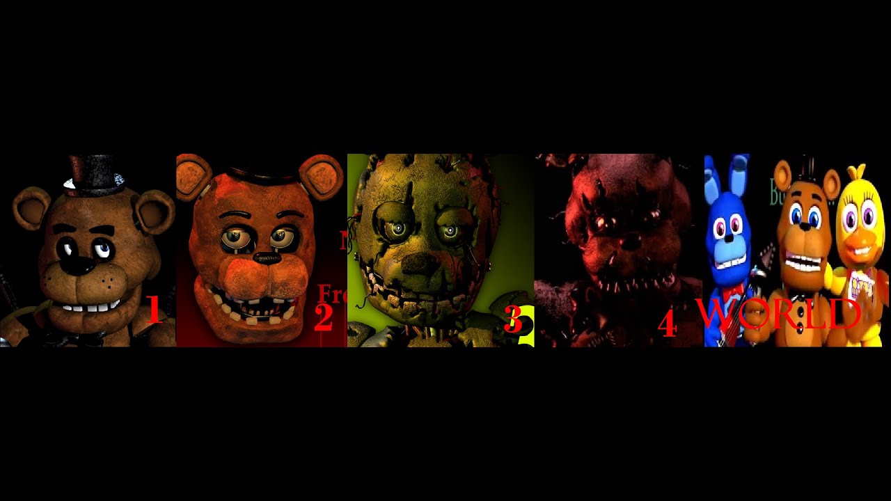Five nights at freddy's 1 2 3 4 and FNAF WORLD TRAILERS