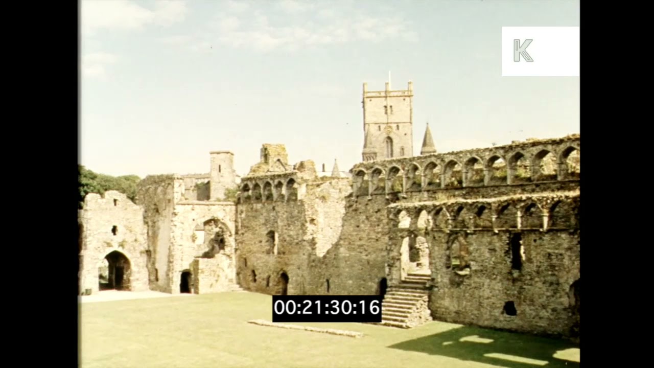 1960s UK, St David's Cathedral, Historic Ruins, 16mm