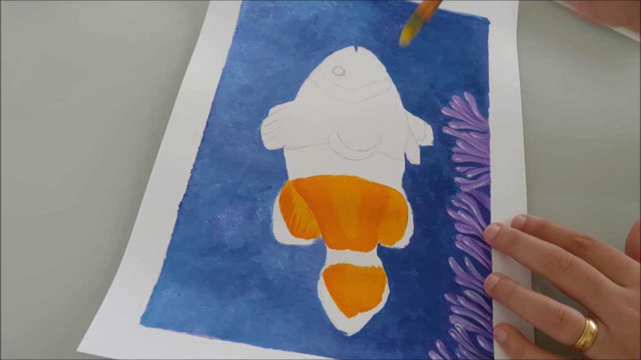 Pintura com tinta acrílica sobre papel - Peixe palhaço
