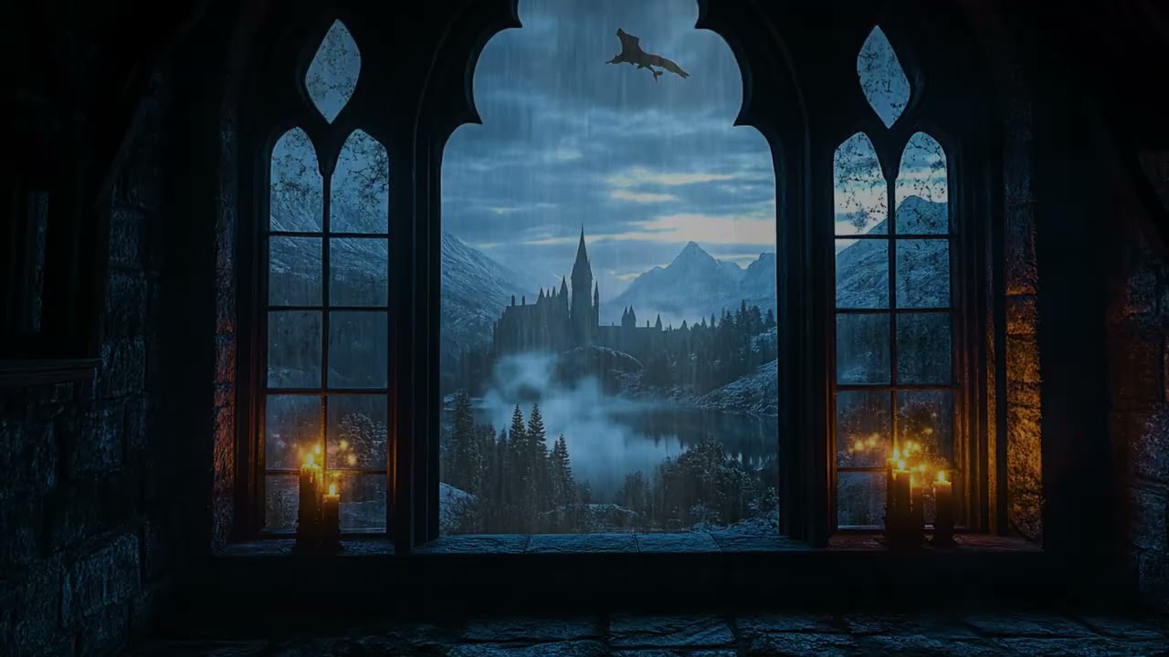 Heavy Rain Outside Hogwarts Castle Window at Night, Peaceful Ambience for Sleep and Focus