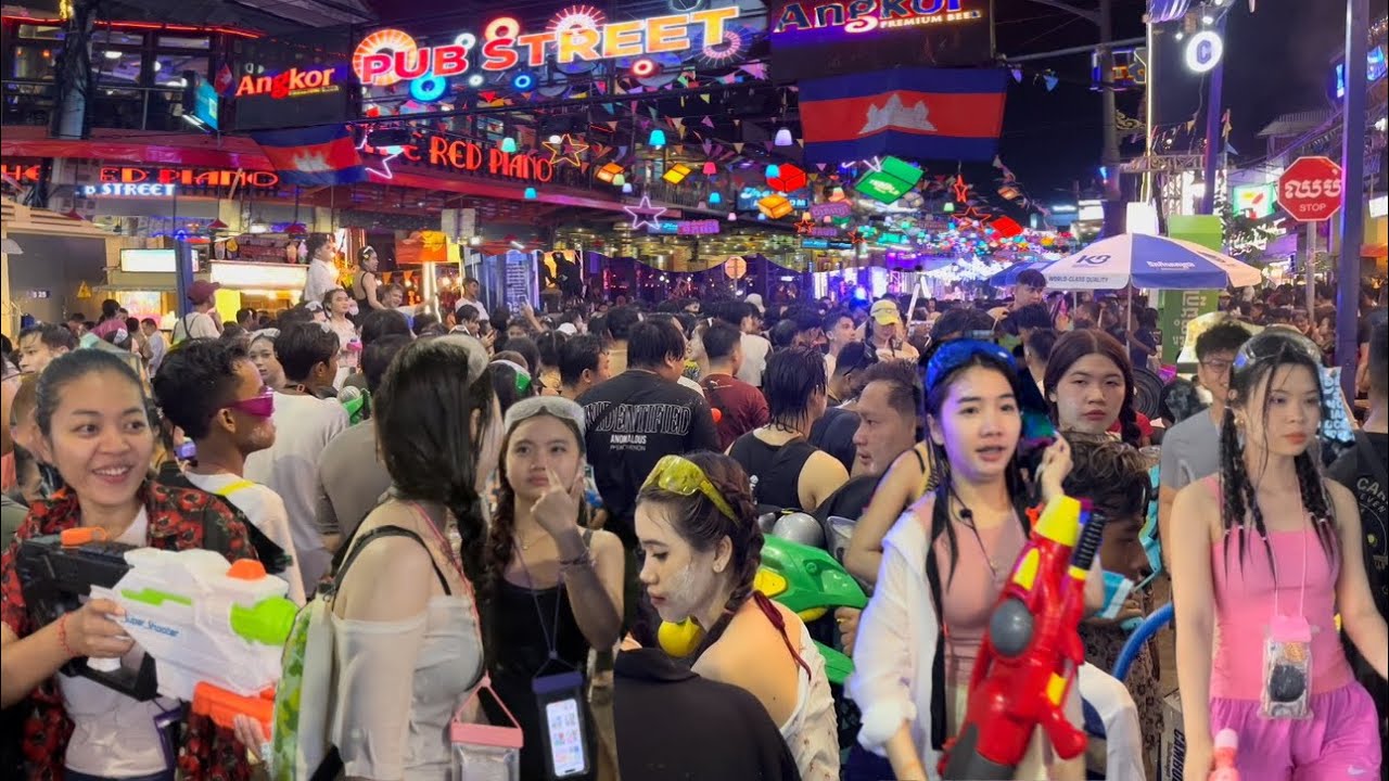 Happy Khmer New Year 2025 - Best Fun Playing Water at Pub Street in Siem Reap of Cambodia