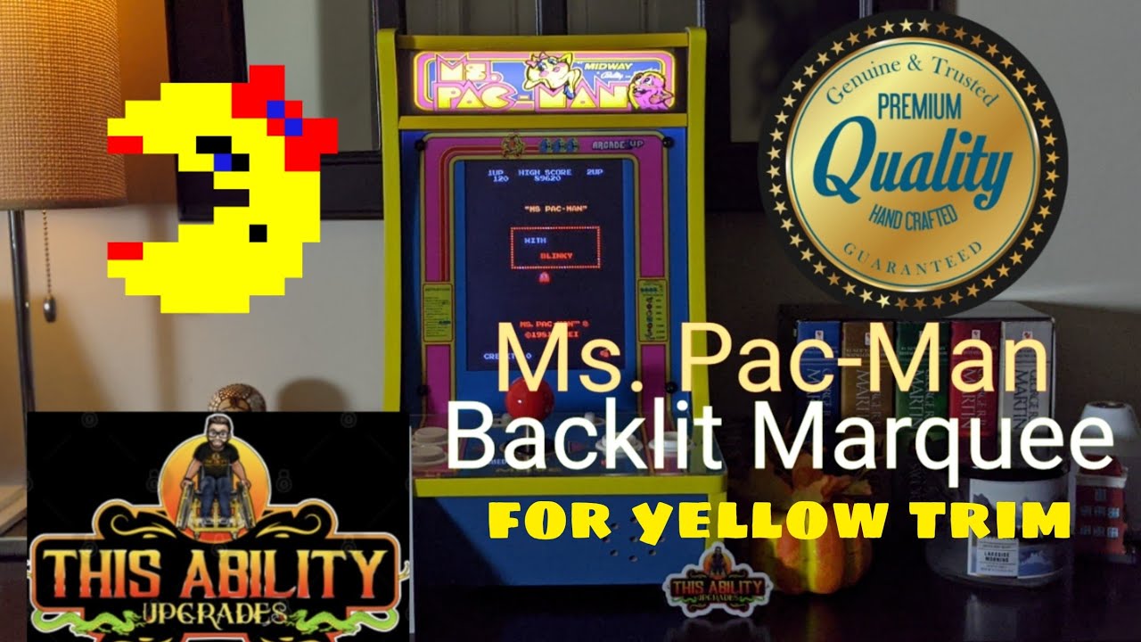 Ms. Pac-Man Countercade - Backlit Marquee Installed on Yellow Trim Cabinet (This Ability Upgrades)