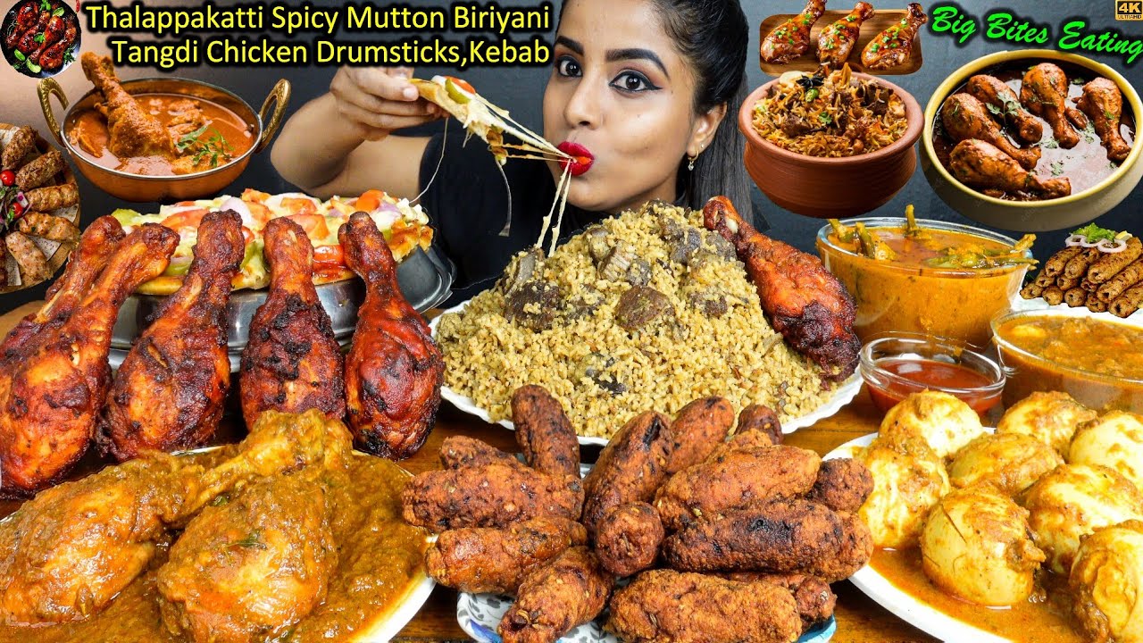 ASMR Eating Spicy Chicken Curry,Cheese Pizza,Mutton Biryani,Leg Piece Big Bites ASMR Eating Mukbang