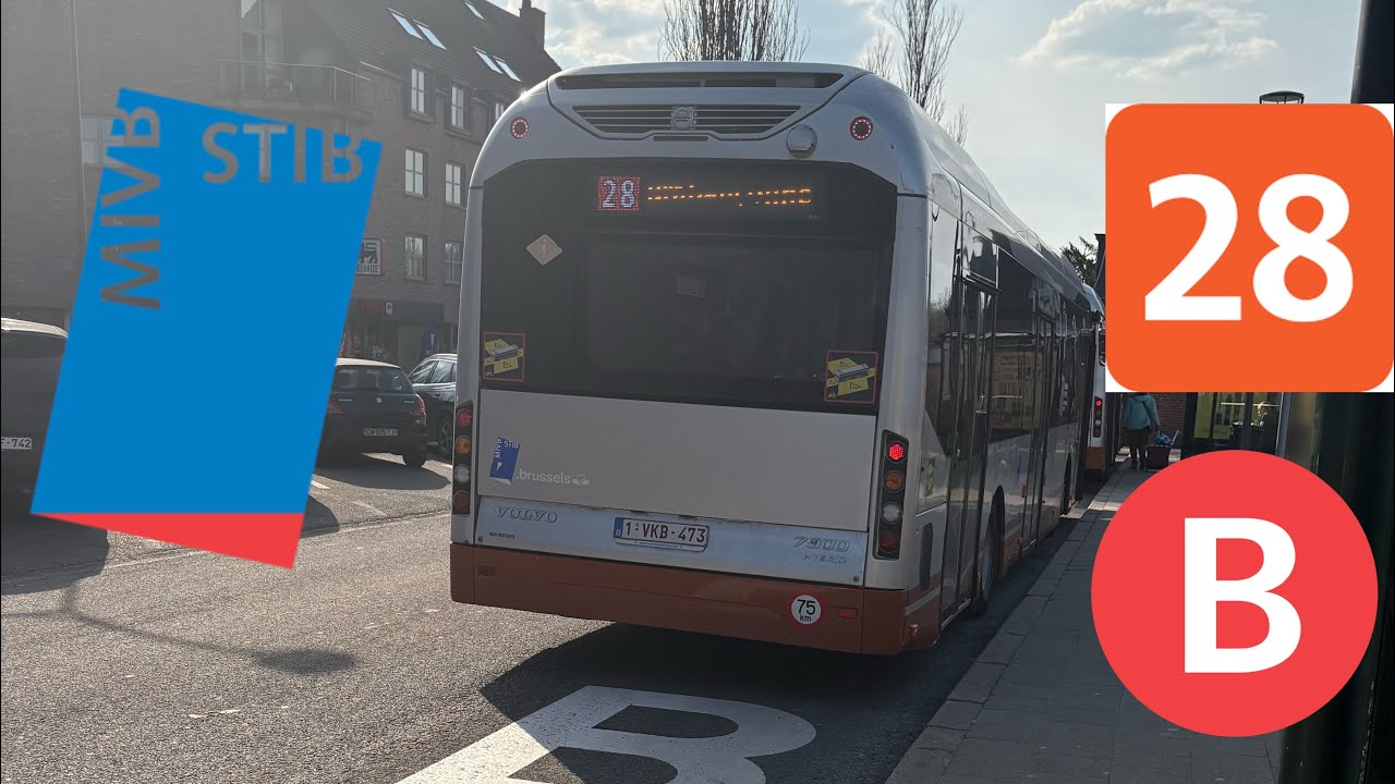 Stib : Trajet complet de la ligne 28 dans un Volvo hybride 7900 de Brabançonne à Konkel (9475)