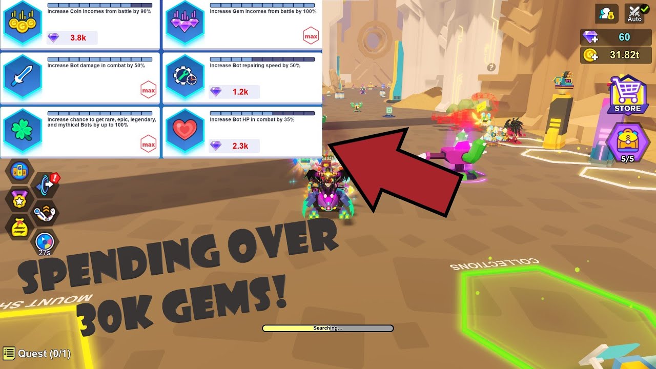 ROBLOX,BOT CLASH, MAXING OUT SOME OF MY STATS AND MAXING OUT A NEW MYTHICAL BOT! SPENDING 30K GEMS!