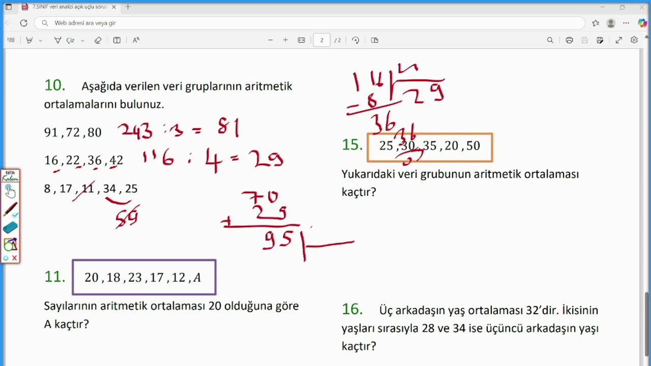 7.Sınıf Veri Analizi AÇIK UÇLU SORULAR 1
