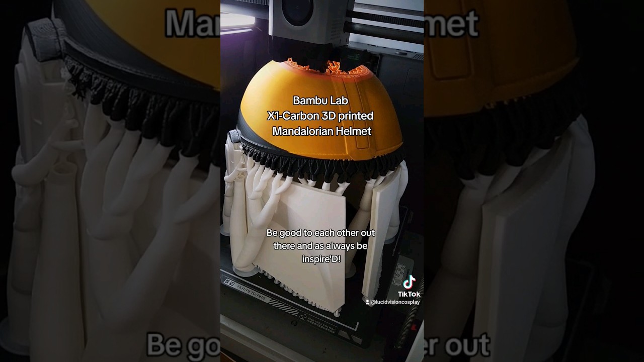 Bambu Lab X1-Carbon 3D printed Mandalorian helmet.