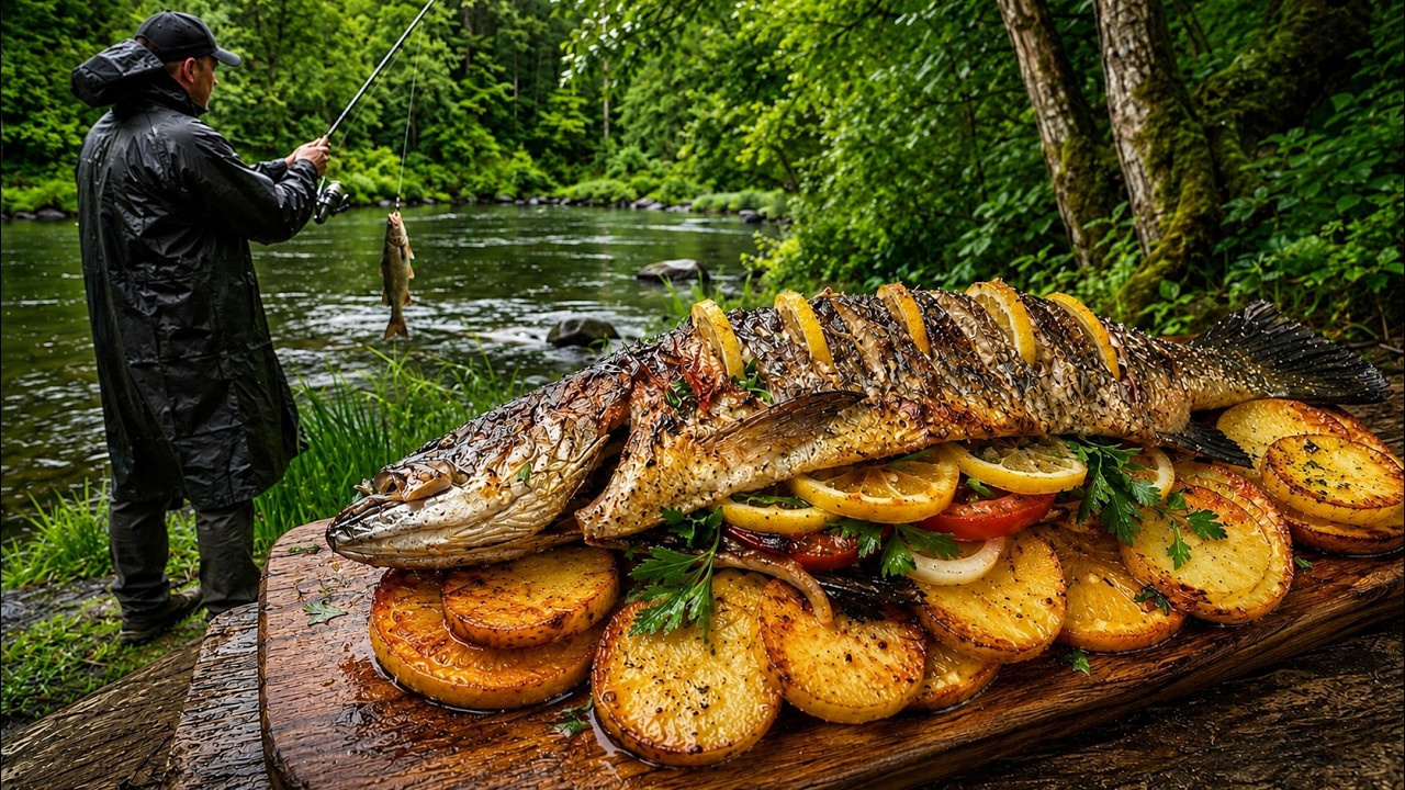 Caught a Big Fish in the Rain &ndash; Primitive Campfire Cooking
