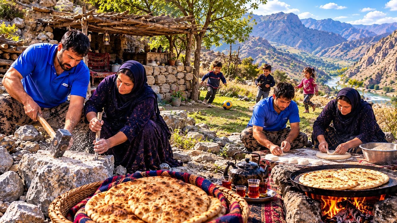 🔥Hard Life in Iran&rsquo;s Zagros Mountains | Breaking Huge Rocks & Baking Fresh Bread