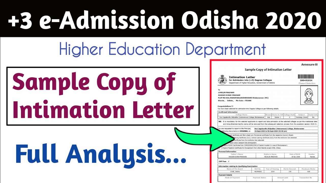 Sample Copy of Intimation Letter - Full Analysis - +3 e-Admission Odisha 2020 | Intimation degree