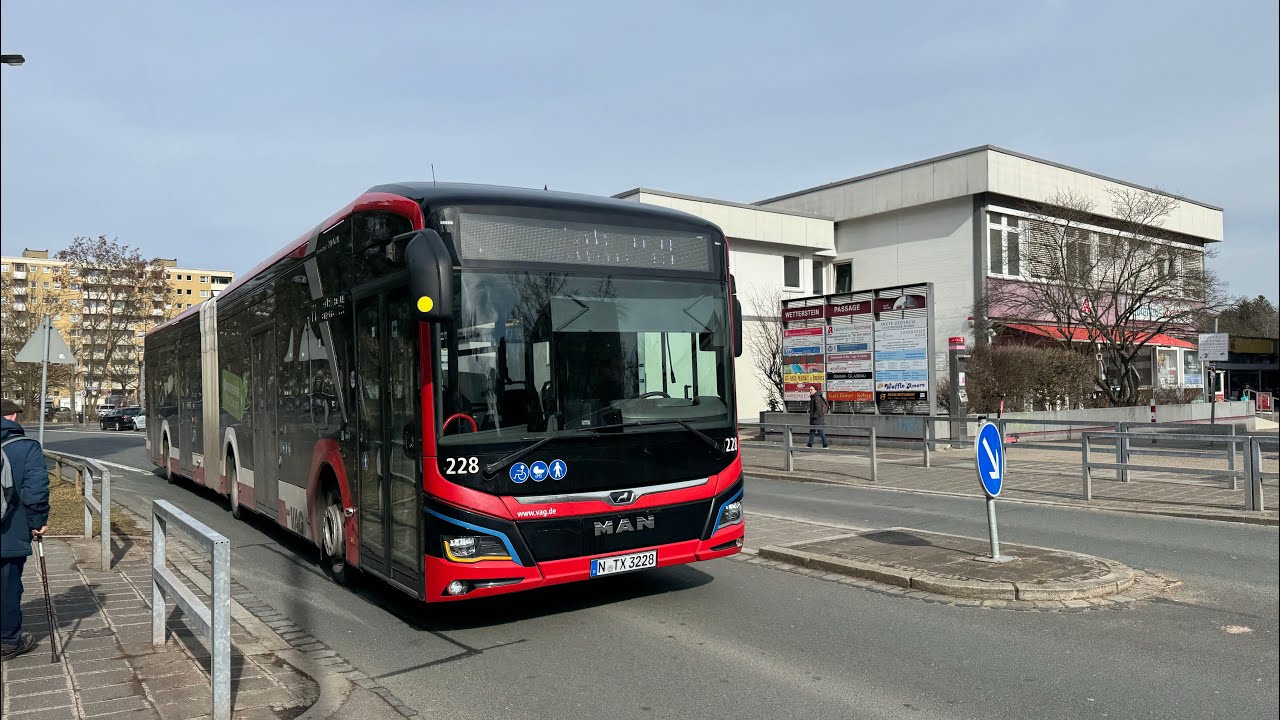 Busmitfahrt im MAN Lion.s City E [Wagen 228] auf der Li. Ersatzverkehr U1 in Nürnberg