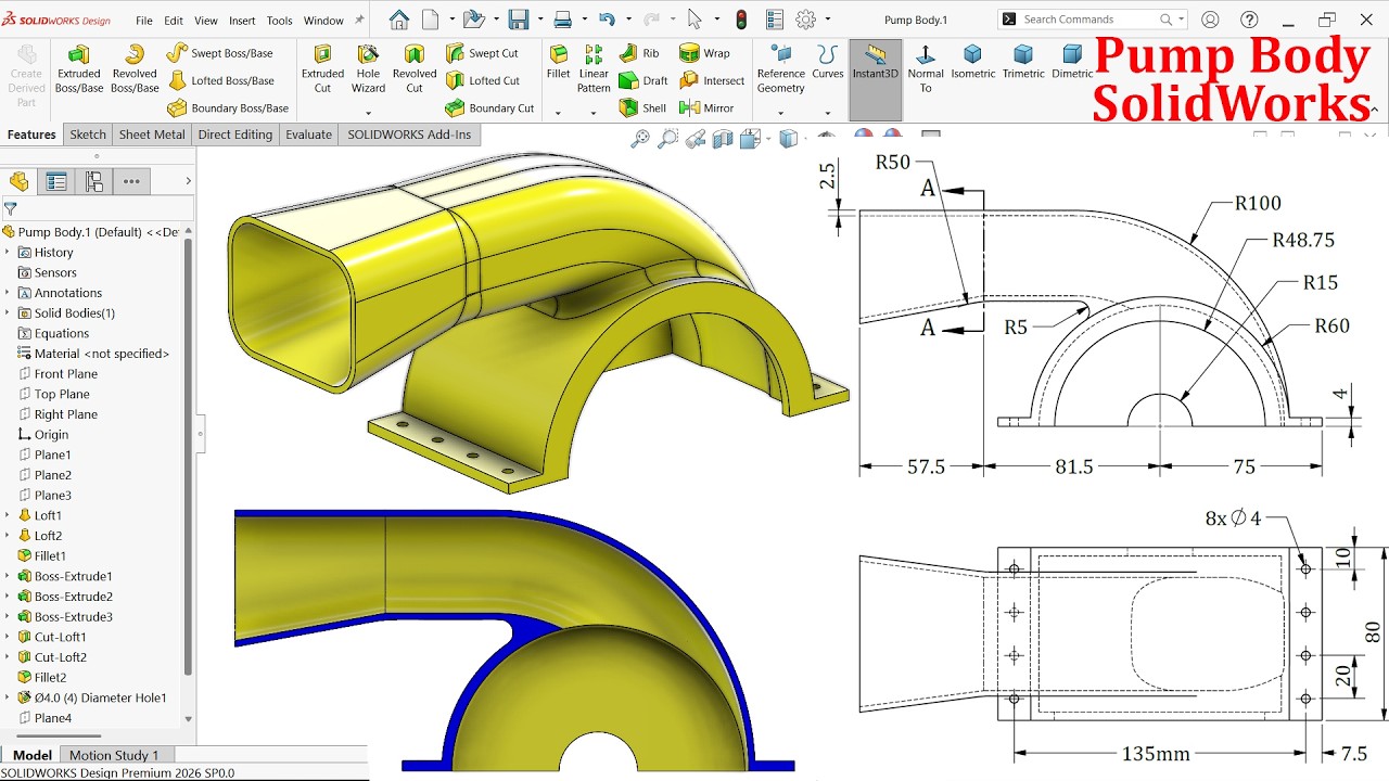 Моделирование корпуса насоса в SolidWorks (метод лофтинга)