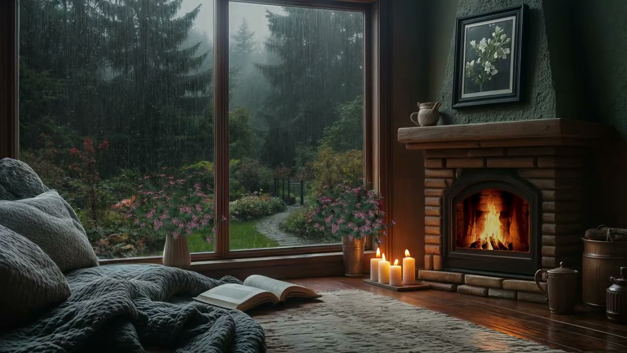 Rainy Forest Window & Fireplace Glow  | Sleep Instantly in a Cozy Garden Room | Calm Night Ambience