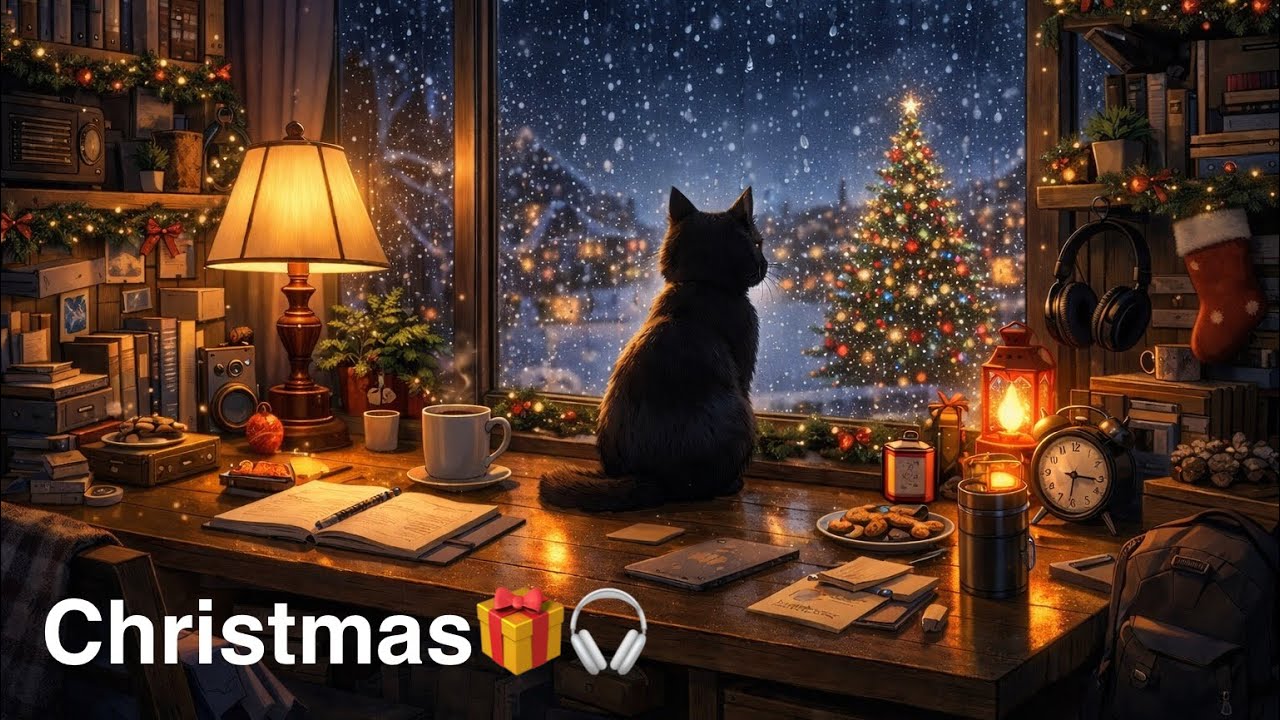 Christmas Night Lofi 🎄 Cozy Winter Vibes with a Black Cat
