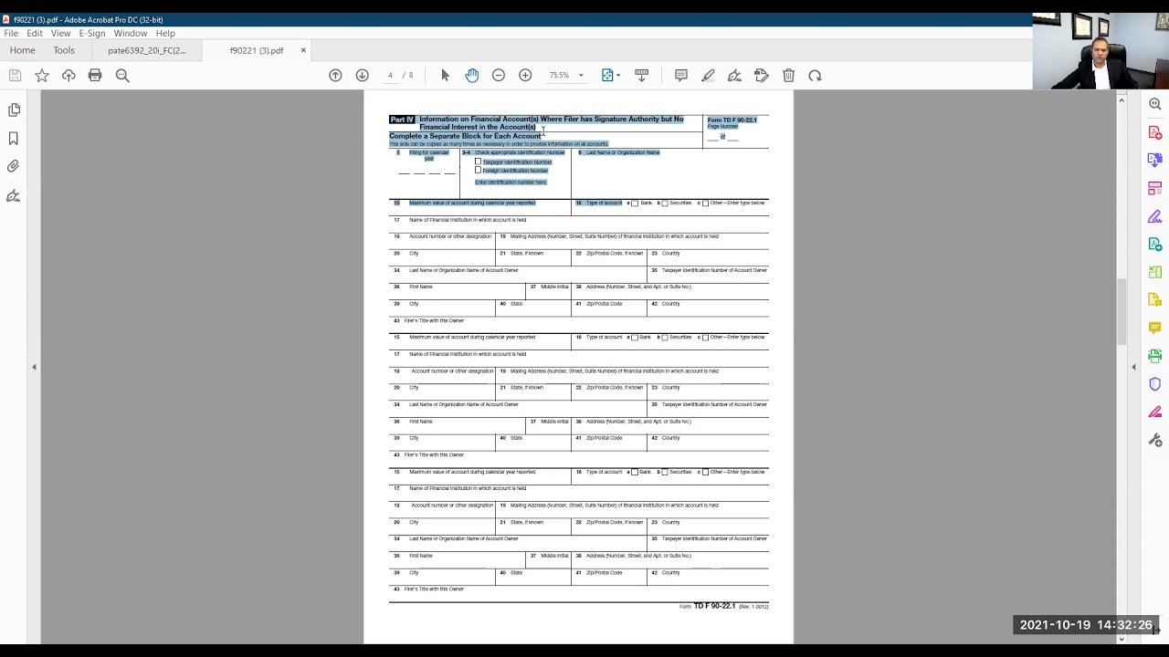 FBAR Part IV specifies where the filer has signature or other authority but no financial interest.