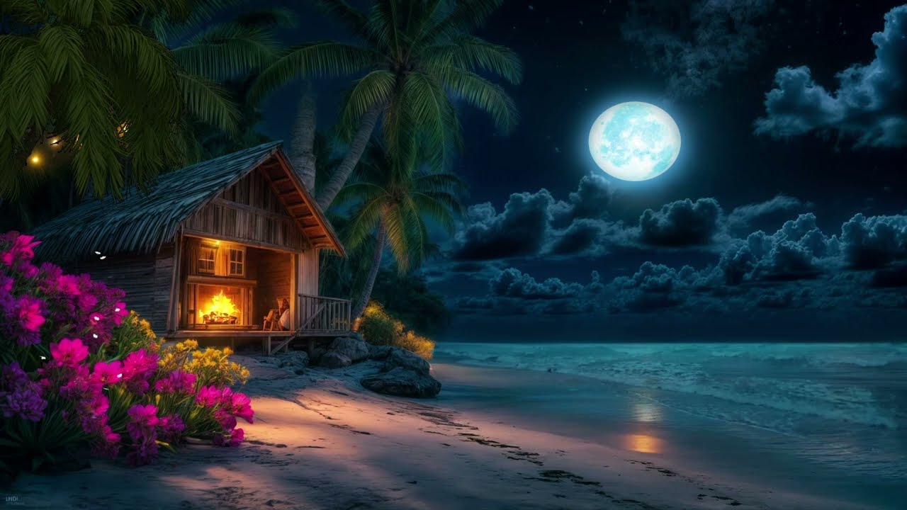 Moonlit Tropical Seaside Night 🌴🔥 | Cozy Beach Hut & Calm Ocean Sounds for Sleep