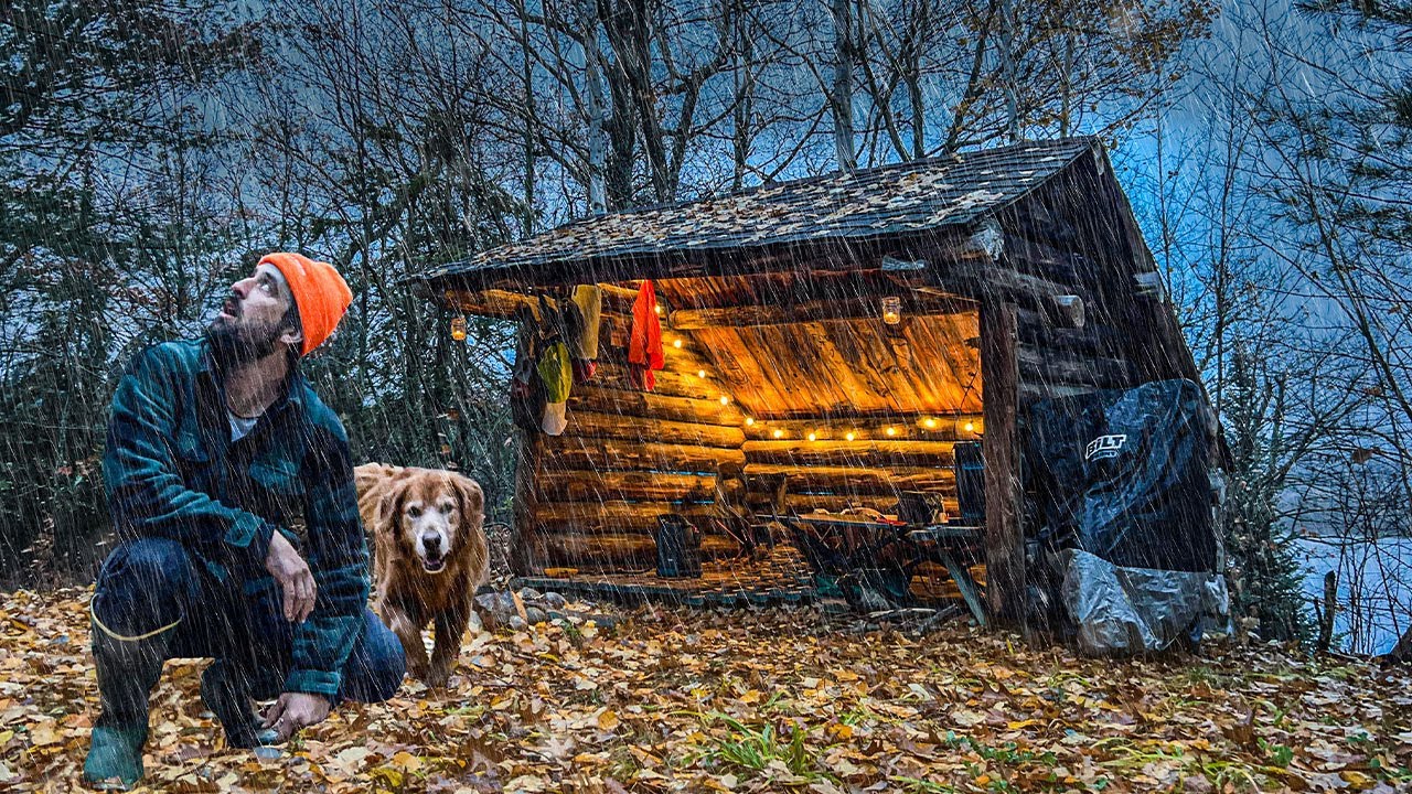 RAINY NIGHT IN A REMOTE SURVIVAL CABIN with my Dog!