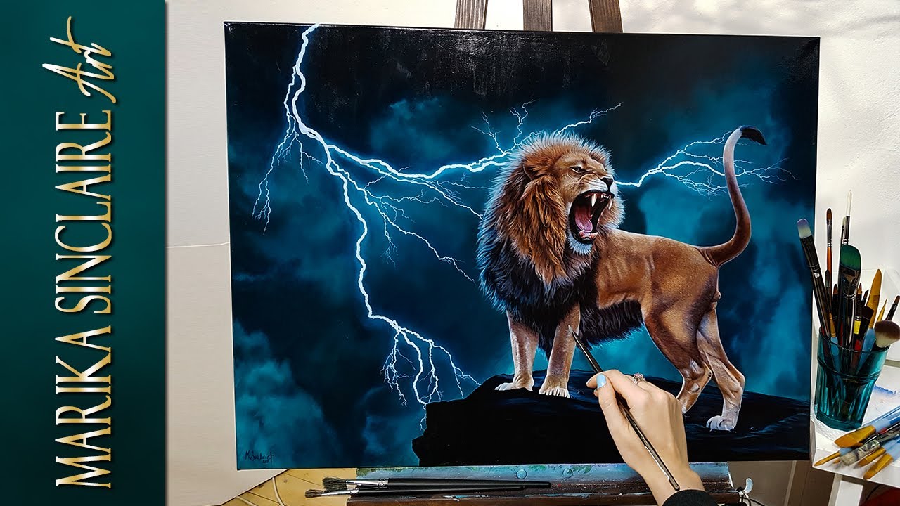 Painting a Lion with stormclouds & lightning in acrylics