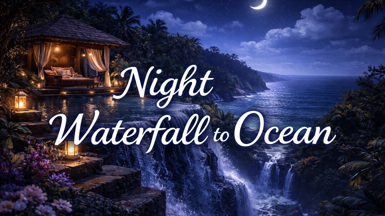 Night Waterfall to Ocean 🌙 | Waterfall, River & Ocean Sounds for Sleep, Relax, Study