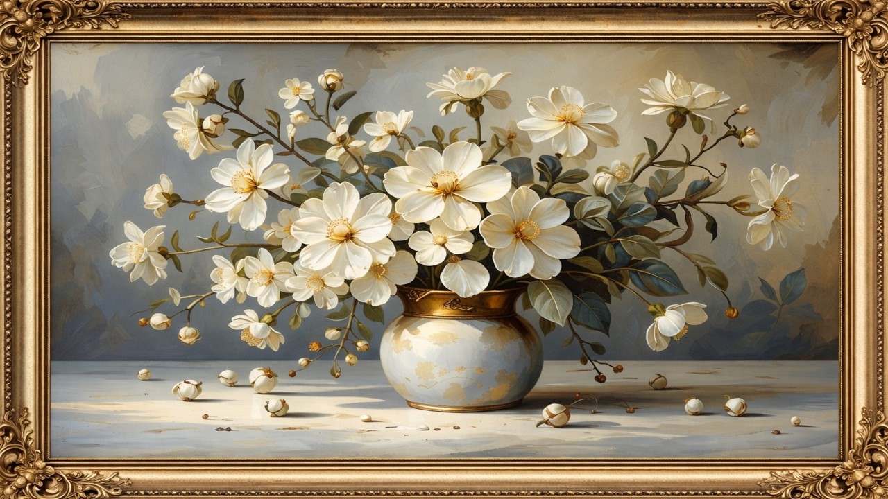 Golden Ivory Serenity | 4K Ultra HD Elegant Floral Art for Luxury Living Spaces