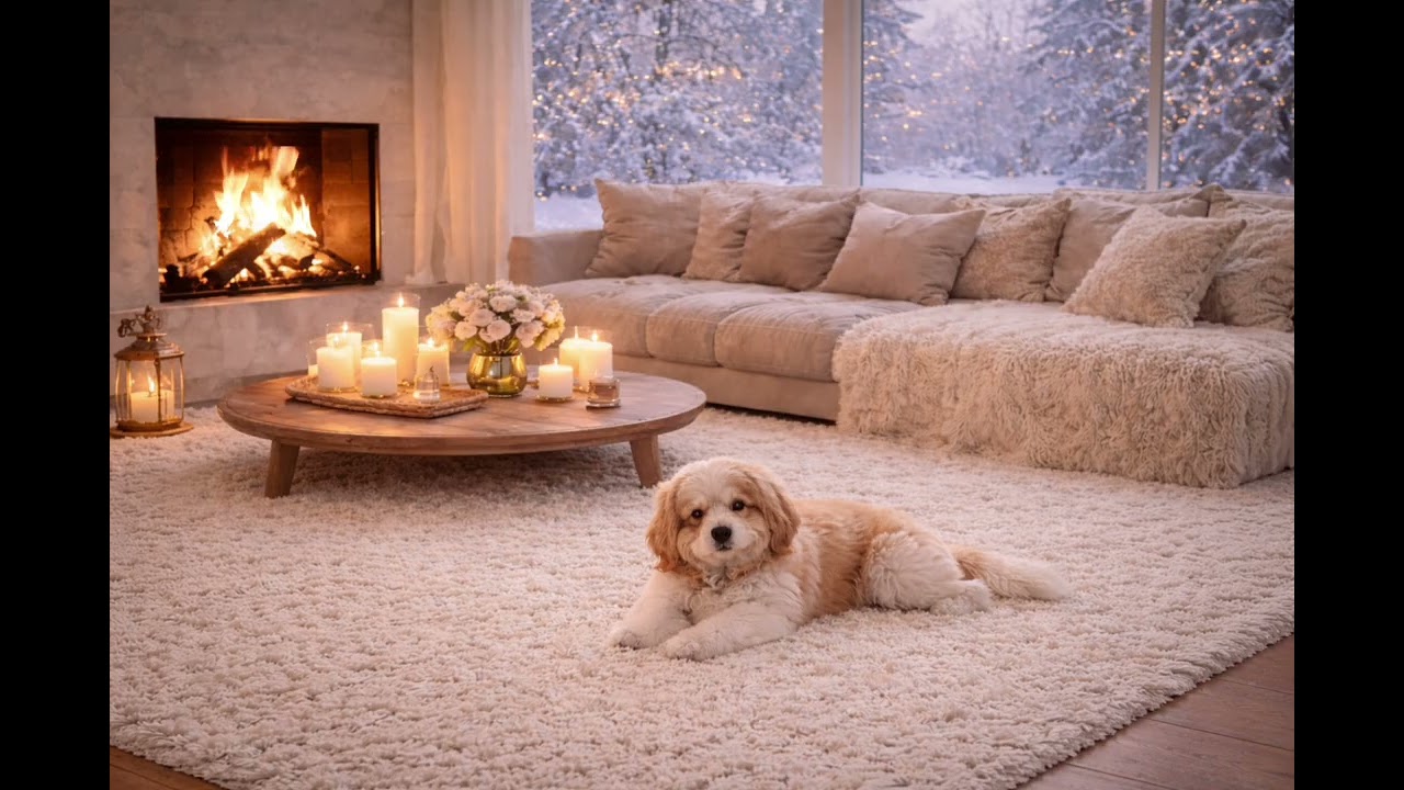 Nature Cozy Night – Warmth, Fire & Puppy #fireplace #snow #animals 