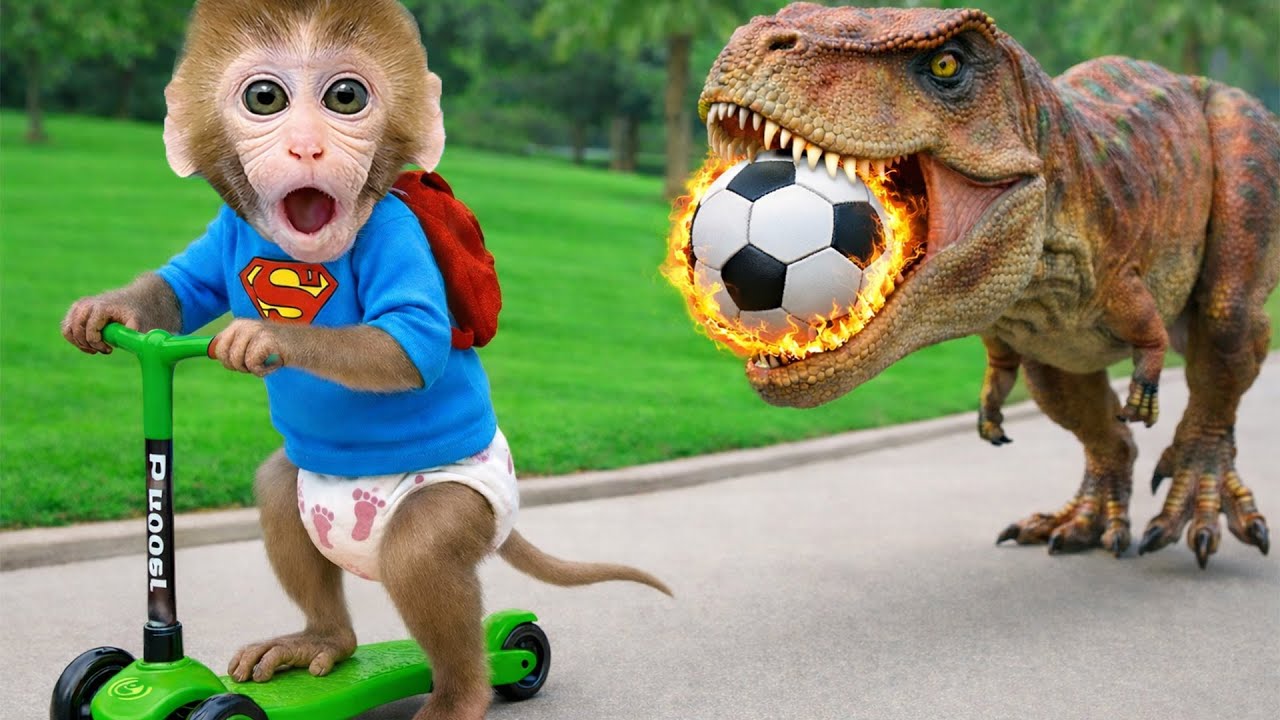 O Macaco Bonbon parte em uma aventura para devolver a mochila e foge de dinossauros assustadores