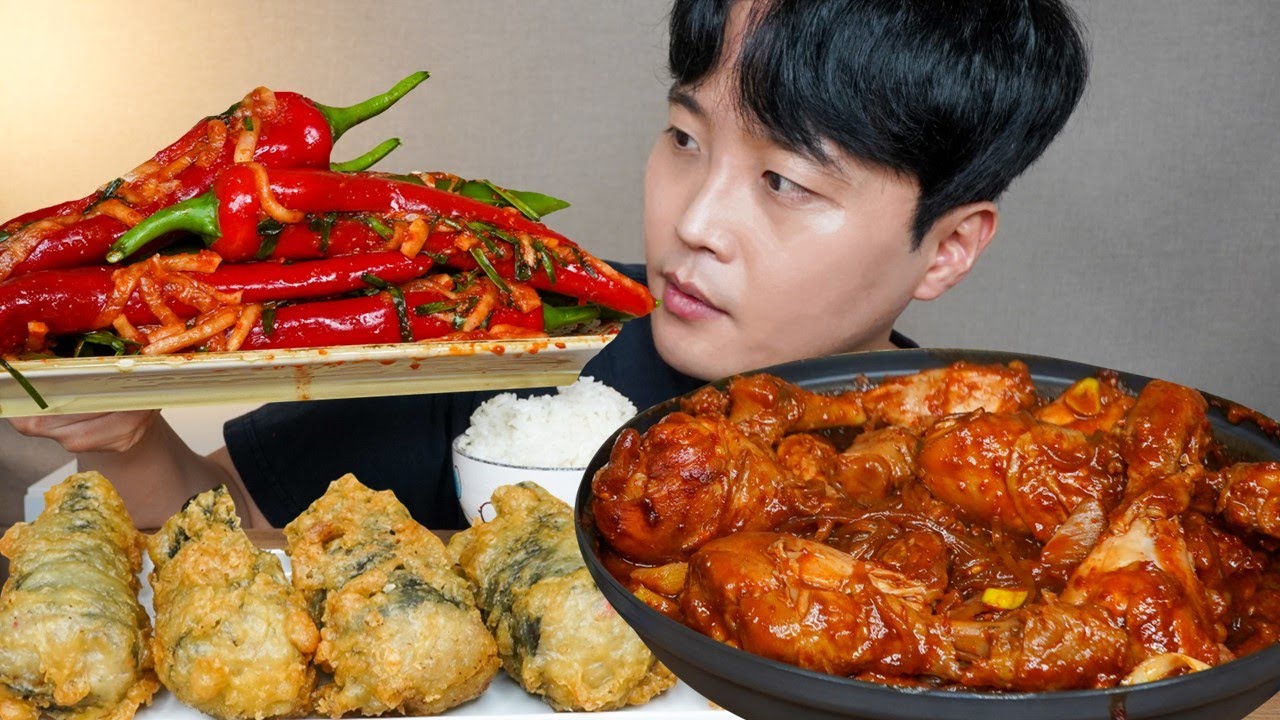 [와차밥] 칼칼한 닭볶음탕 고추소박이 김말이튀김 요리 먹방 Chili Kimchi & Spicy Braised Chicken ASMR MUKBANG EATING SHOW
