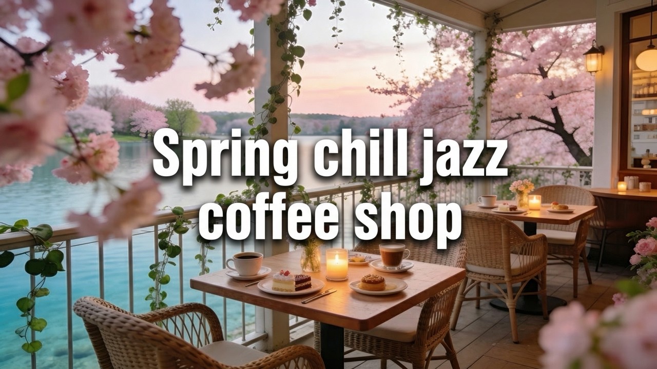Spring Coffee Shop Jazz 🌸 Relaxing Café Ambience by the Lake & Smooth Jazz Music for Study & Relax