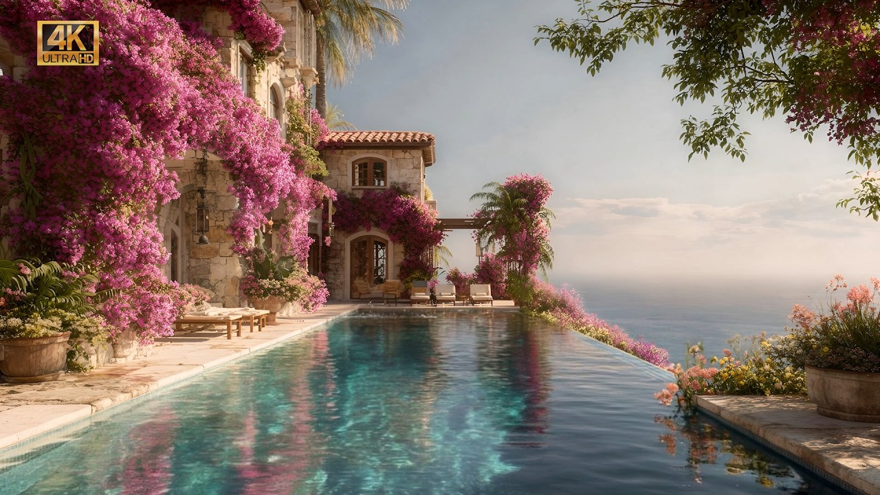 Mediterranean Summer Escape 4K • Sea, Pool Water & Cicadas • Brown Noise • 8 Hours Luxury Ambience
