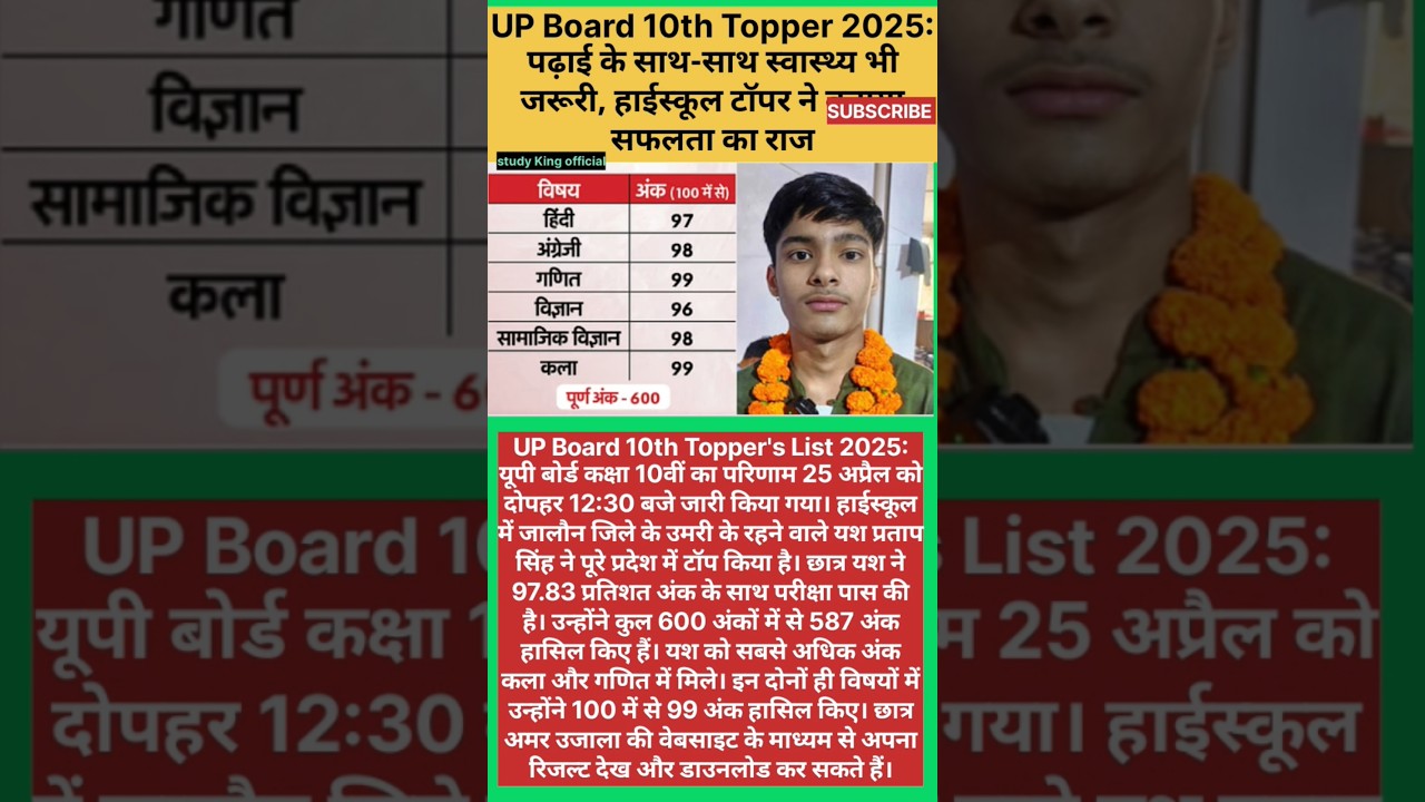 UP Board 10th Topper 2025:#shorts #video @study_king_official1