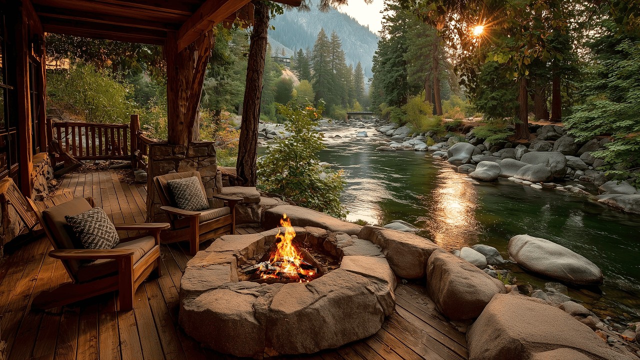 Gentle Spring River Porch Morning Nature & Campfire Sounds All Day Relaxation
