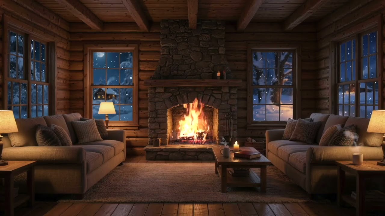Cozy Winter Cabin Fireplace with Wind & Snow | 8 Hours Calm Night Ambience
