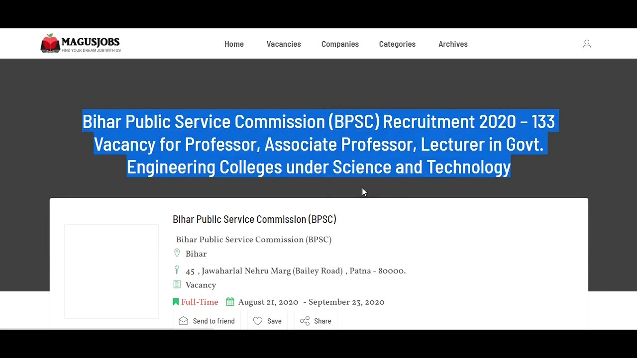 Bihar Public Service Commission Recruitment 2020 | 133 Vacancy | BPSC jobs | Bihar Jobs