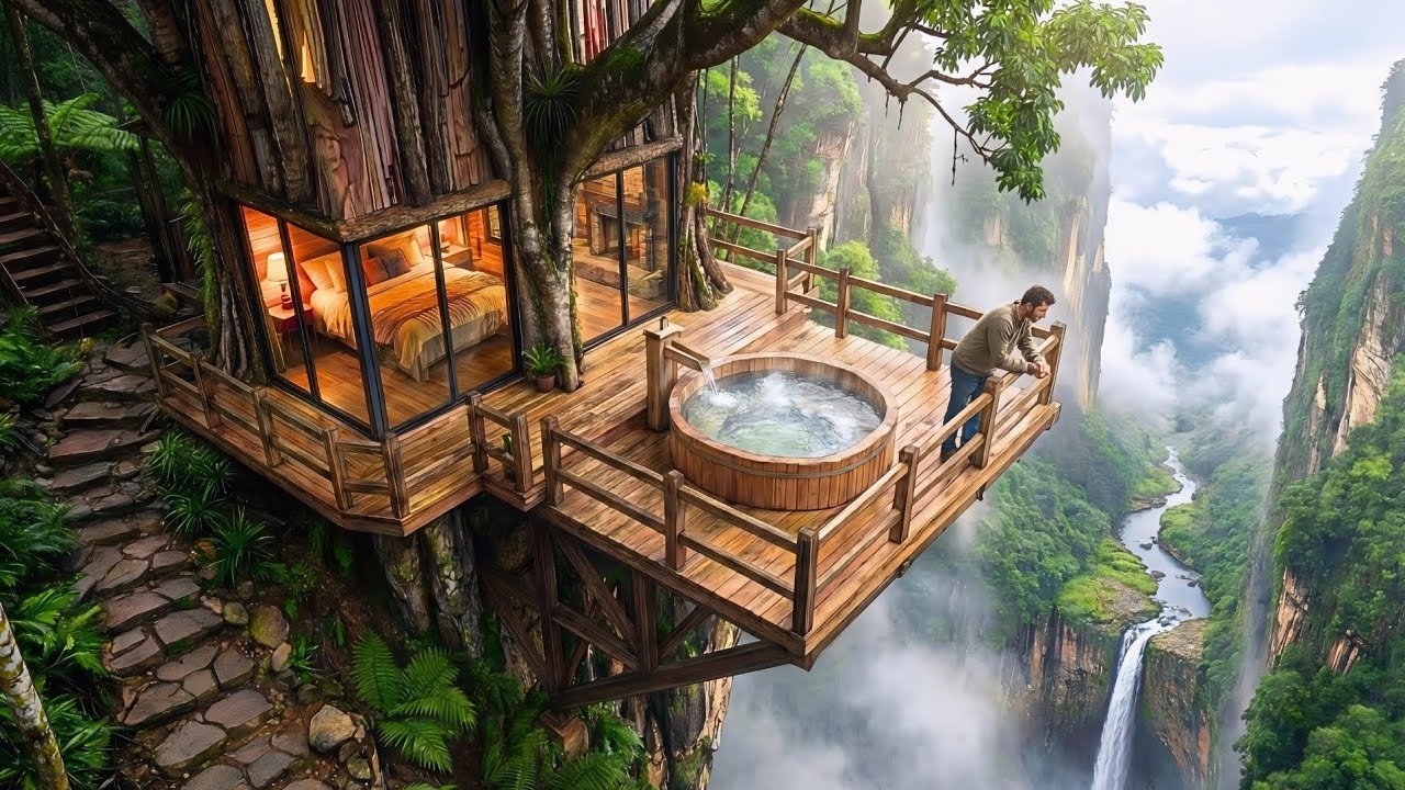 Building Tree House on a High Cliff Above a Waterfall (ASMR)