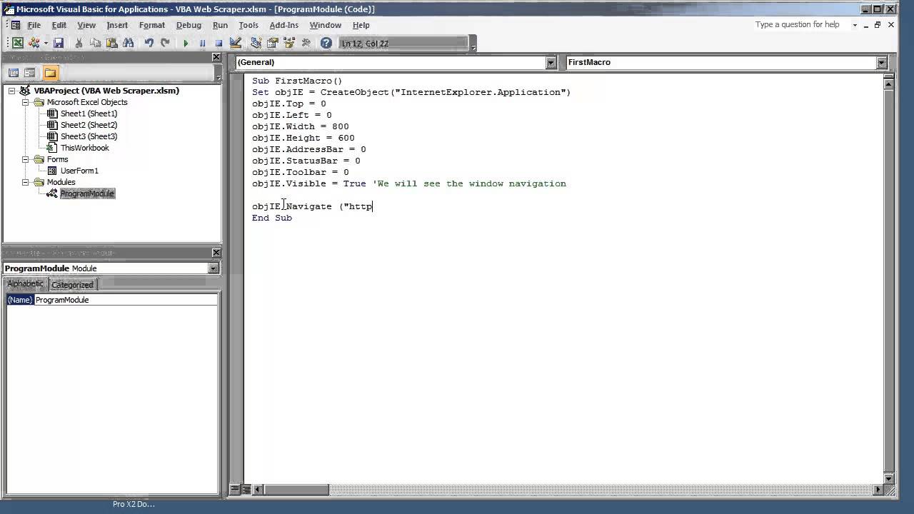 Web Scraper VBA Application1.07-Creating a Project Modulebas file) to Keep Code Organized